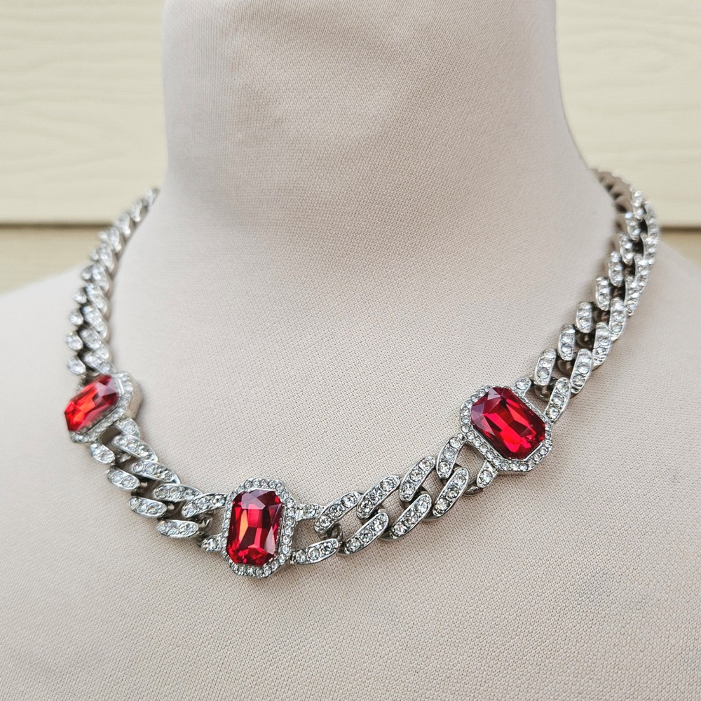 Silver Tone Red Crystal Emerald Cut Rhinestone Cuban Link Choker Necklace